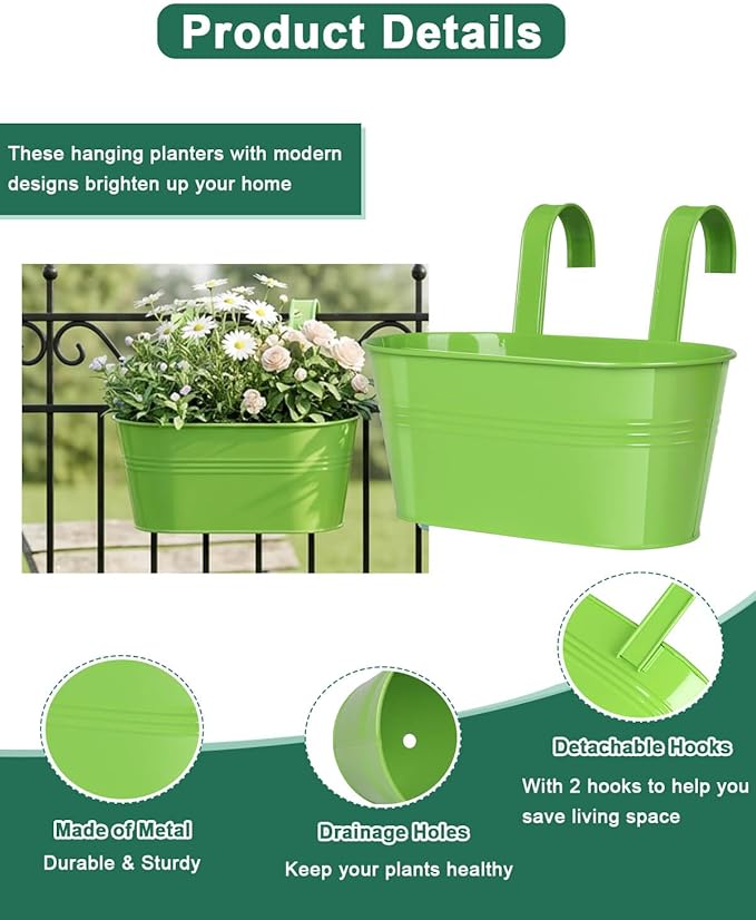 Metal Railing Planter for Outdoor Plants - 3 Pack Balcony Hanging Planter Box with Detachable Hooks and Drain Holes Oval Hanging Pots Fence Planters for Railing Garden Fence, Green Yellow Blue