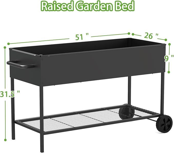 51 × 26 × 31.5 Inches Raised Garden Bed with Legs/Storage Shelf, Mobile Planter Box for Outdoor Plants, Elevated Garden Bed for Backyard, Balcony, Black