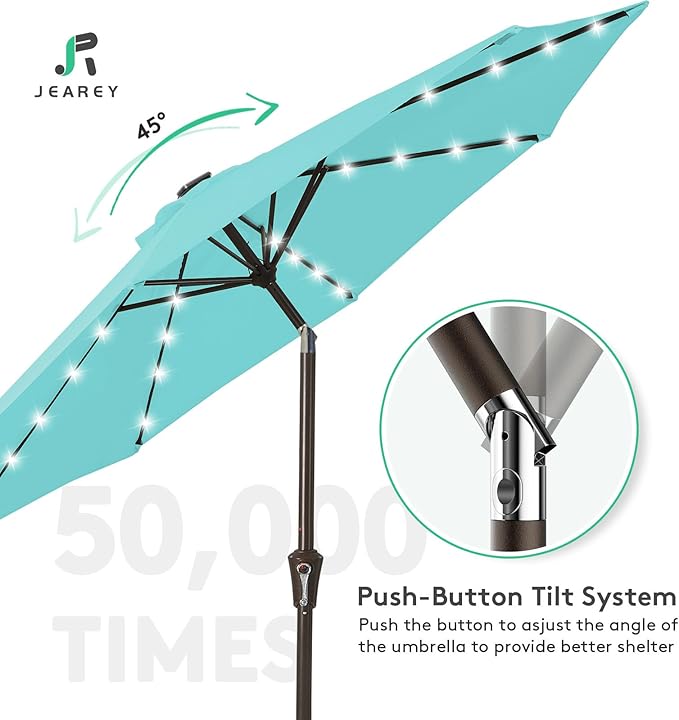 JEAREY 9FT Outdoor Patio Umbrella with Solar Lights, LED Lighted Pool Umbrella with Tilt and Crank, Outdoor Table Umbrellas for Deck, Yard & Market (Teal)