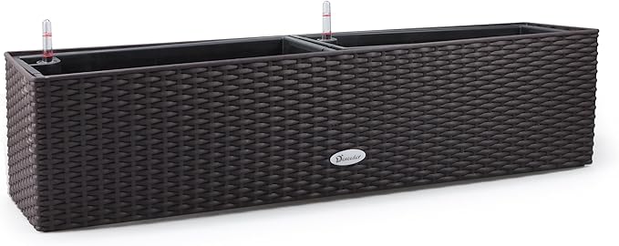 Dexceder 31.5 Inch Rattan Self Watering Planter Indoor Outdoor, Thickened Large Rail Flower Plant Pot Window Box with Water Level Indicators (Brown)