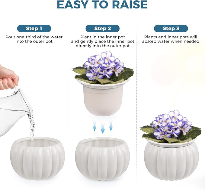 BUYMAX African Violet Pots, 6 inch Pumpkin-Style Ceramic Easy Self Watering Plant Pot for Busy Plant Lovers, Automatically Absorb Appropriate Amount of Water, Flower Pot Indoor-Plants Not Included