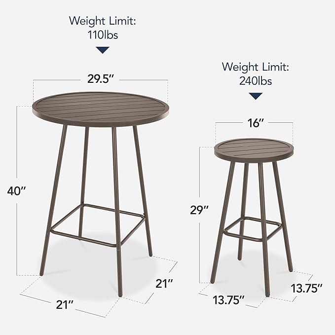 Best Choice Products 3-Piece Patio Dining Set, Bar Height, Outdoor Bistro Set, Outdoor Round Bar Table w/ 2 Bar Stools, Steel - Taupe