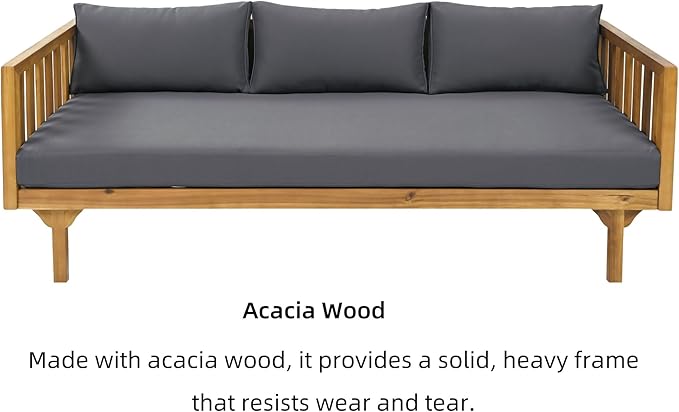 Merax Outdoor 3 Seater Daybed, Acacia Wood Day Bed Couch Sofa with Cushions for Patio Backyard, Garden, Dark Grey + Brown