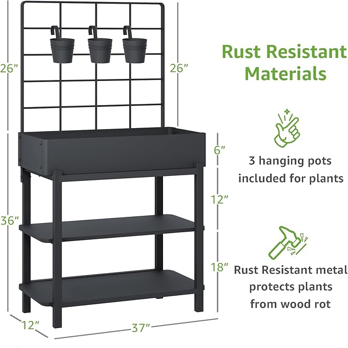 Metal Raised Garden Bed with Trellis & 2-Tier Storage Shelf, Elevated Planter Box with Legs -Includes 3 Flower Pots, Outdoor Vertical Garden for Vegetables Herbs Climbing Plants Patio Balcony