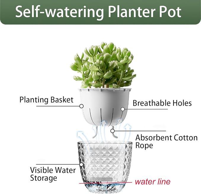 6 Pack 4 inch Self Watering Pots Planters for Indoor Plants, African Violets Pots with Wick Rope, Modern Plastic Nursery Pots for All House Plants,Flowers Succulents,Herbs,Cactus,Orchids
