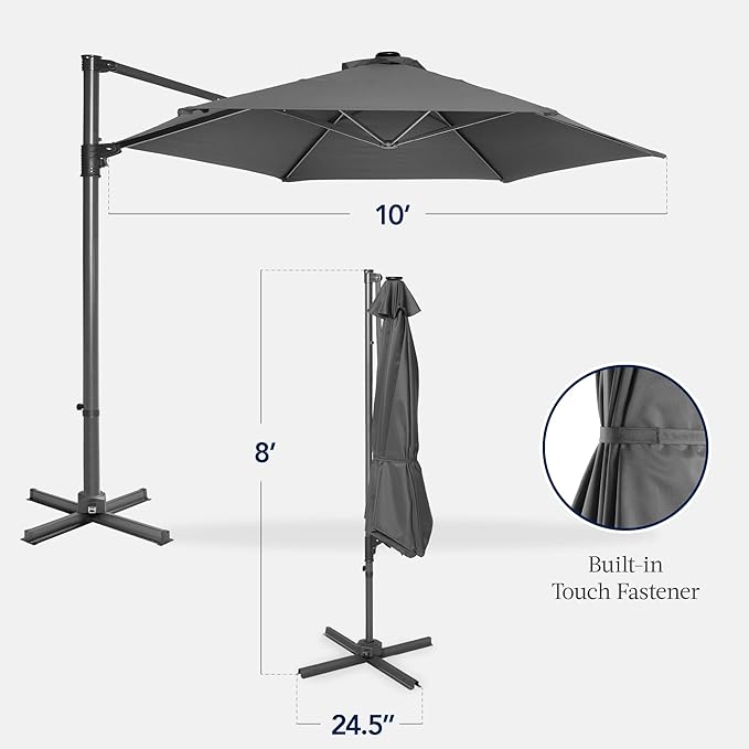 Best Choice Products 10ft Offset Cantilever Hanging Market Patio Umbrella, Smooth 360° Rotation, 8 Sturdy Ribs, Easy Adjustment - Gray