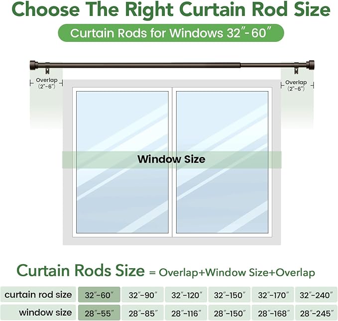 Curtain Rods for Windows 28 to 48, 1 Inch Adjustable Heavy Duty Long Window Outdoor Curtain Rod for Patio, Drapery Rods with Simple End Caps, Size 32"-60", Antique Bronze