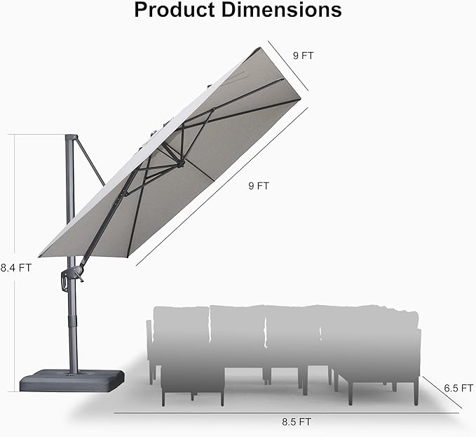 PURPLE LEAF Patio Umbrella 9' X 9' Rectangle Cantilever Umbrella Large Aluminum Outdoor Umbrellas with 360-degree Rotation & UPF40+ Premium Fabric for Deck Pool Garden Yard, Pebble Grey