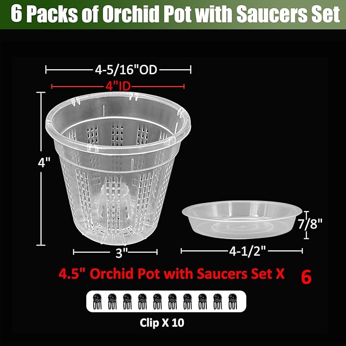Orchid Pot with Saucers, 6 Packs of 4.3" Orchid Pots with Holes, Orchid Pots for Repotting, Plastic Orchid Planter for Indoor Outdoor Plants (6 Packs, 4.3" with Saucers)