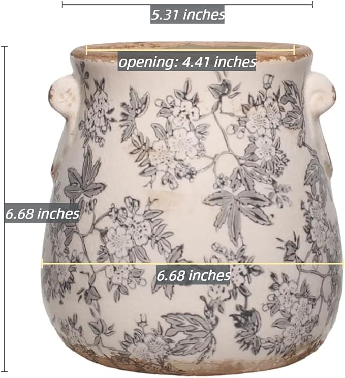Rustic Farmhouse Ceramic Flower Pots, Vintage Antique Planters & Vase with Drainage Hole for Indoor/Outdoor, Handmade Crackle Glaze Terracotta Pottery Decor for Home Kitchen Office, Gardening Gifts