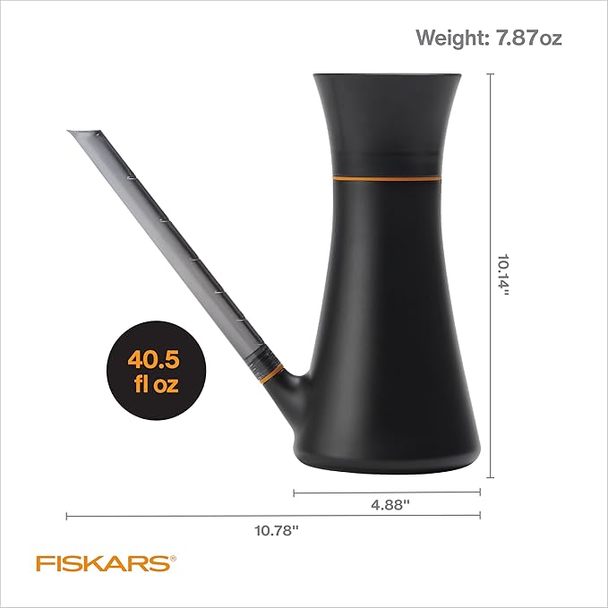 Fiskars Indoor Watering Can, Long Reach Spout for Precision Hydration on Houseplants, Anti-Drip Nozzle with Translucent Volume Markings, Ergonomic Recycled Plastic Body, 40 oz, Black
