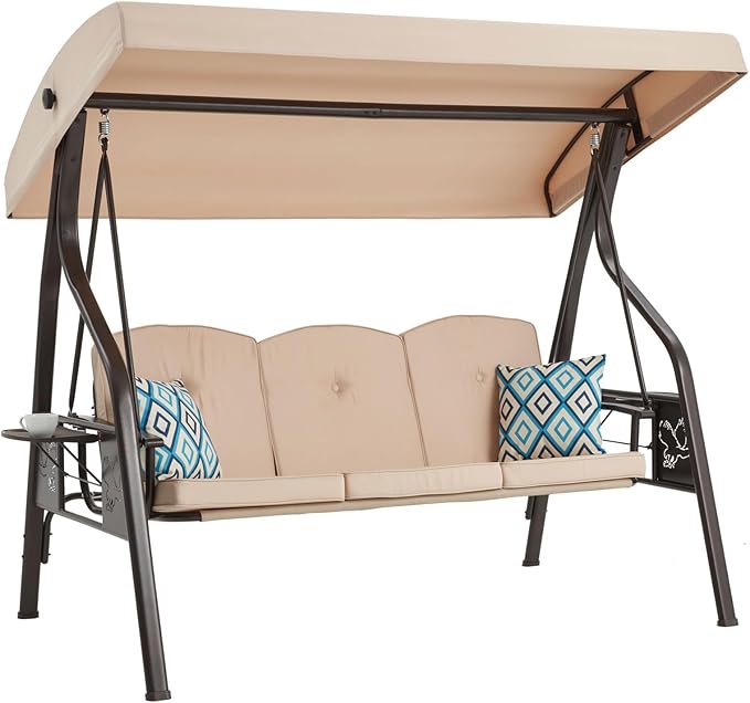 3-Seat Outdoor Porch Swing with Stand, Patio Swing with Canopy, 2 in 1 Porch Swing Bed & Patio Swing Chair for Adult, w/Extra Pillows and Cup Holder for Yard