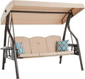 3-Seat Outdoor Porch Swing with Stand, Patio Swing with Canopy, 2 in 1 Porch Swing Bed & Patio Swing Chair for Adult, w/Extra Pillows and Cup Holder for Yard