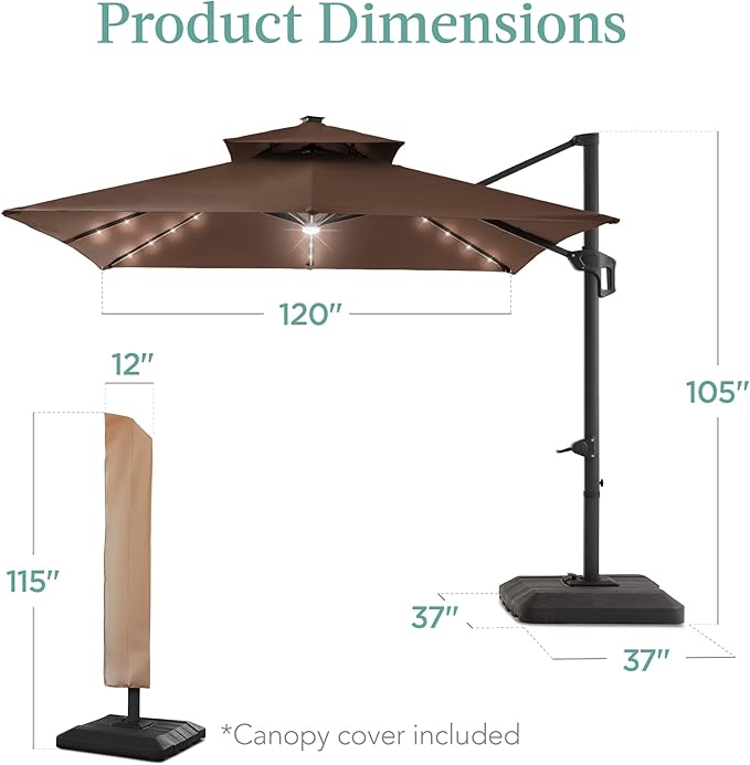 Best Choice Products 10x10ft Cantilever Patio Umbrella w/Base Included, Solar LED Lights 360 Rotation Large Offset Hanging Outdoor Shade for Deck Pool Backyard w/Stand – Brown