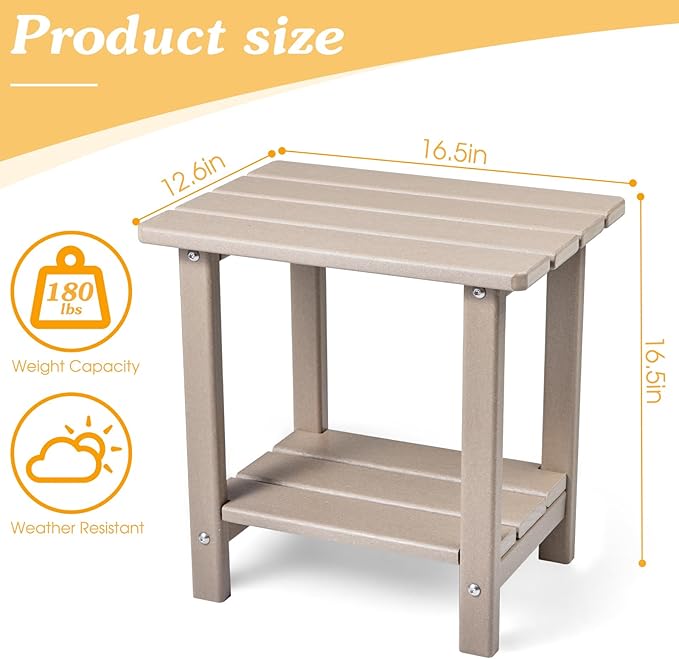 Adirondack Outdoor Side Table, 2-Tier Sturdy Patio End Table Weather Resistant, 16.5" Solid Side Table for Patio, Pool, Porch(Grayish Brown)