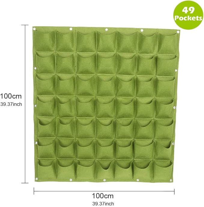 Hanging Planting Grow Bags, 49 Pockets Hanging Vertical Wall Planter Wall Mounted Grow Bag Outdoor Indoor Gardening Vertical Greening Flower Container, Planting Bags Storage Bags(1.0 m × 1.0 m, Green)