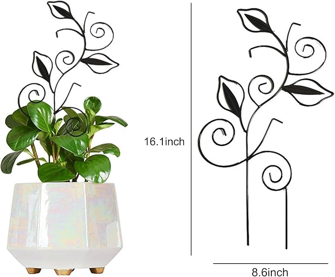 Decorative Metal Plant Trellis for Indoor Potted Plants – Leaf Shape Vine Support Stakes with 6 Plant Clips, Black/Green/Gold Garden Trellises for Climbing Plants, Vines (Black 2pcs)