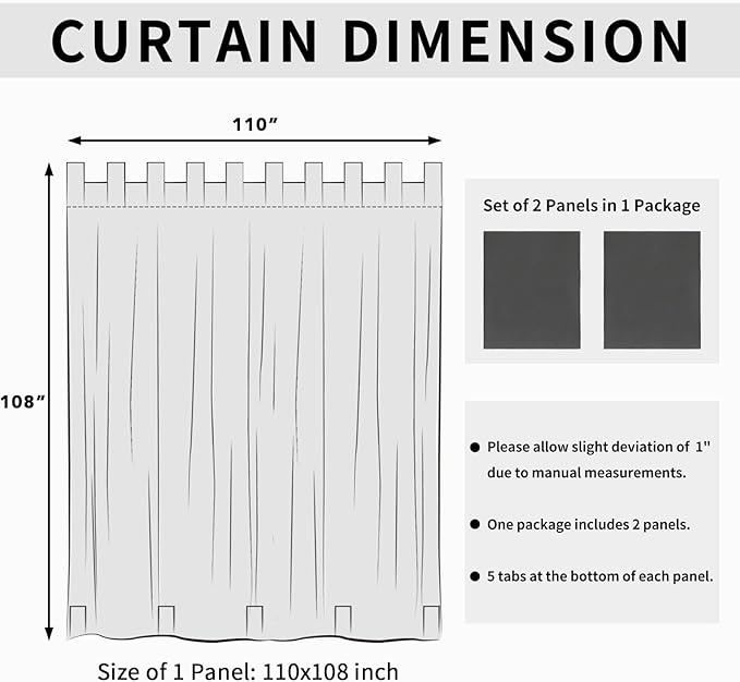 Easy-Going Outdoor Patio Curtains Detachable Tab Top Windproof Weatherproof Curtain for Cabana, Porch, Pergola and Gazebo, Tab Bottom Drape, 2 Panels, 110W x 108L inch, Gray