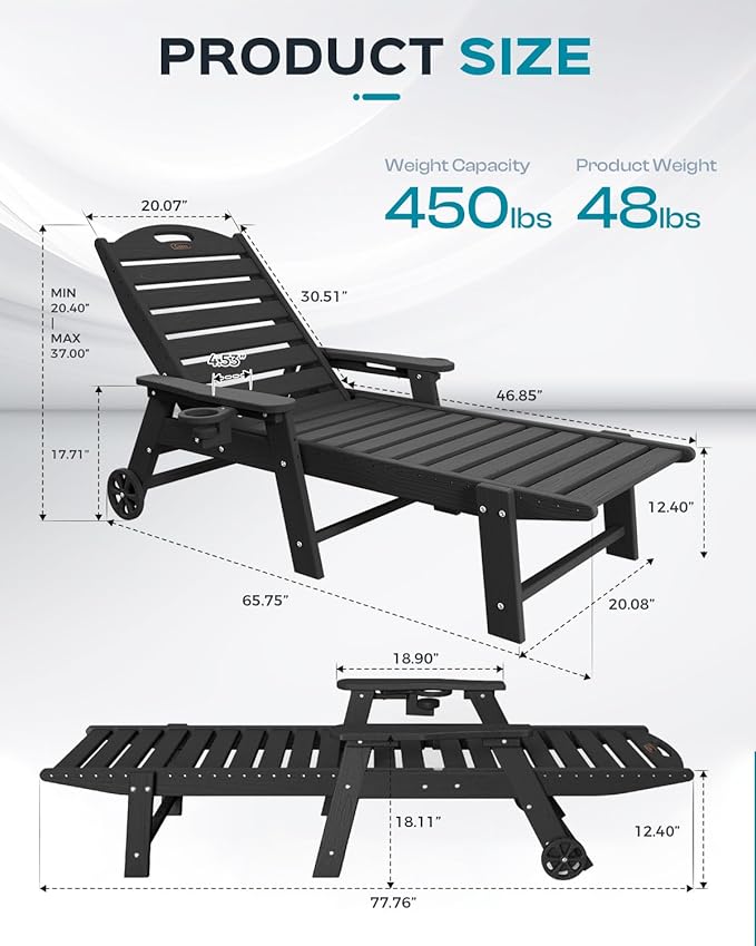 Ciokea Lounge Chair Outdoor, Oversized Chaise Lounge Chair with 5 Positions, HDPE, Patio Lounge Chair with Wheels & Cup Holder for Pool, Deck, Poolside, Black