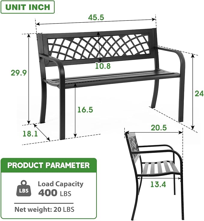FDW Garden Bench Bench Park Outdoor Bench for Patio Metal Bench Park Bench with Plastic Backrest Armrests Sturdy Steel Frame Furniture for Yard Porch Work Entryway, Black