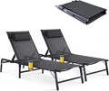 2 Pack Foldable Chaise Lounge Chair with Cup Holder, Assemble-Free Outdoor Lounge Chair with Detachable Pillow and 6 Adjustable Backrest, Patio Lounge Chair for Outside Poolside Beach Pool, Black