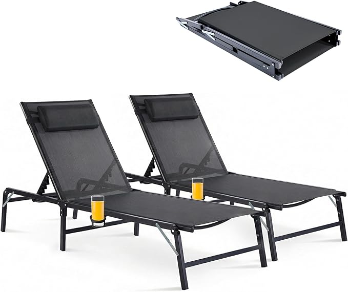 2 Pack Foldable Chaise Lounge Chair with Cup Holder, Assemble-Free Outdoor Lounge Chair with Detachable Pillow and 6 Adjustable Backrest, Patio Lounge Chair for Outside Poolside Beach Pool, Black