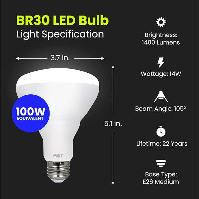 Feit Electric BR30 LED Light Bulb, 100W Equivalent, Dimmable, 1400 Lumens, E26 Standard Base, 2700K Soft White, 90CRI, Flood Light Bulb for Recessed Cans, 22-Year Lifetime, BR30DM/1400/927CA/4, 4 Pack