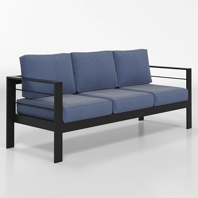 Solaste Aluminum Outdoor Couch, 3-Seat Metal Outdoor Sofa with Water-Resistant Cushion, Weather-Resistant Modern Patio Sofa, Black Frame Blue Cushion