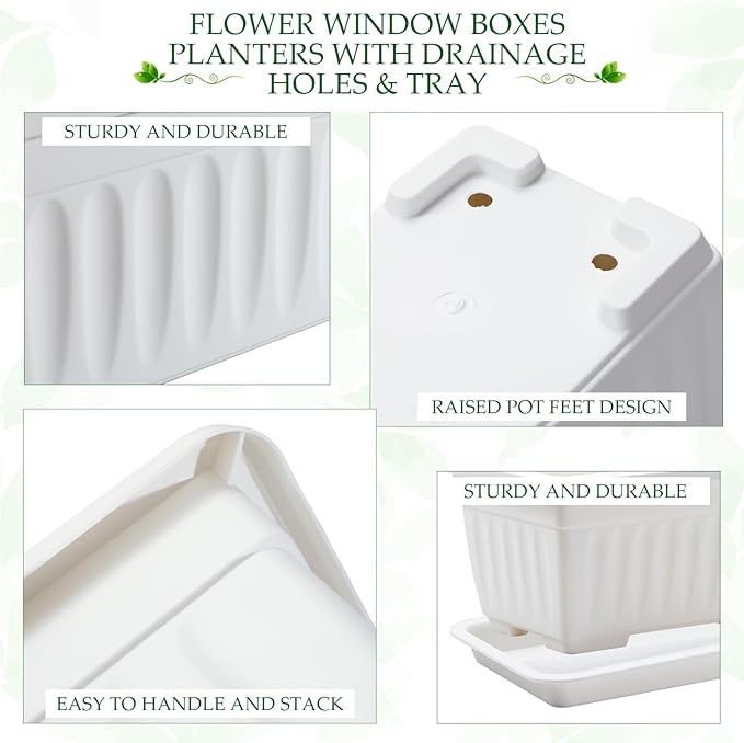 6 Packs 27 Inch Window Flower Box Extra Large Window Sill Herb Garden Long Rectangle Planter Plastic Boxes Outdoor with Drainage Trays for Balcony Windowsill Patio Garden