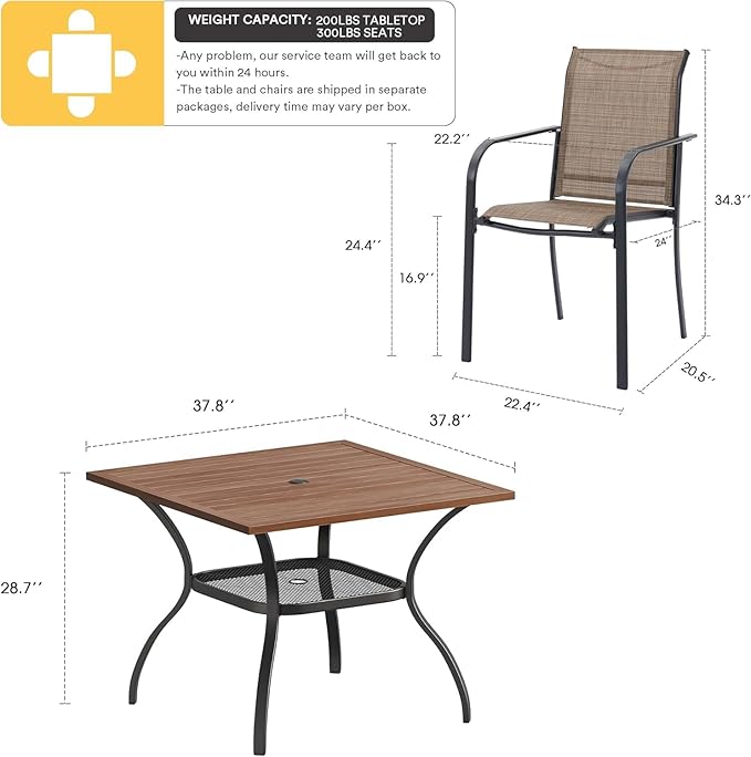 VICLLAX 5 Pieces Patio Dining Set, Outdoor Furniture Set Includes 37.8" Square Outdoor Table and 4 Stackable Patio Sling Chairs, Walnut Tabletop and Brown Fabric