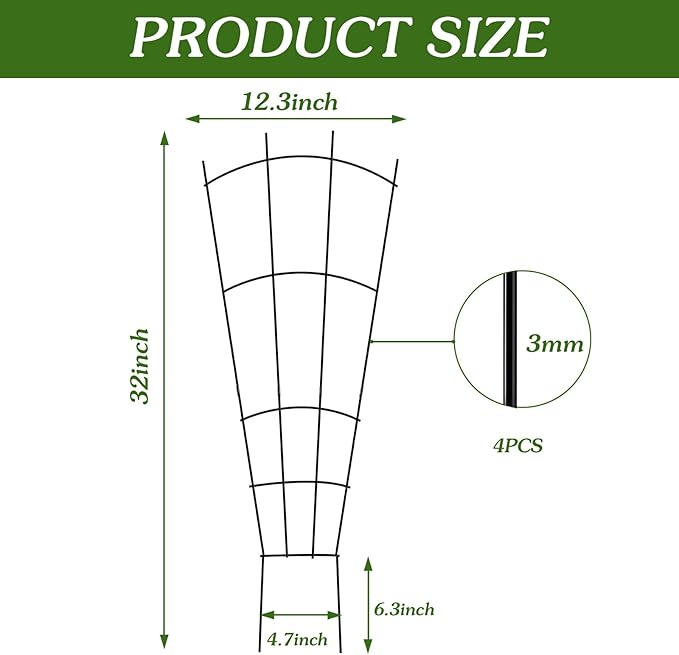 4 Pack 32'' Garden Trellis for Climbing Plants Outdoor Metal Trellis for Potted Plants Indoor Fan Shape Plant Support for Houseplant Flower Ivy Vine