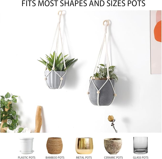 Artilady Hanging Planter for Indoor Plants Macrame Plant Hanger Large Hanging Plant Holder with Adjustable Beads Plants Basket White Rope Boho Plant Wall Decor (White Bead-2pcs)