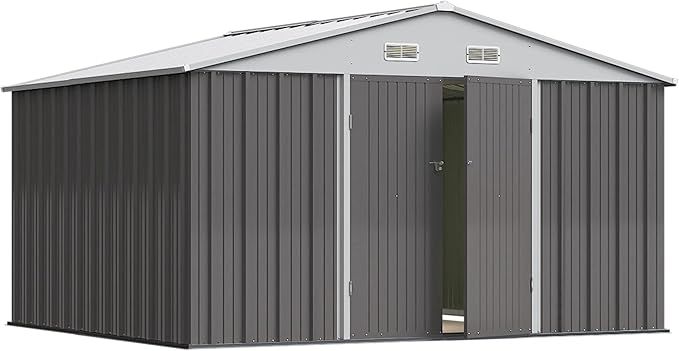 Greesum 10×8FT Outdoor Storage Shed, Metal Patio Storaged Sheds with Lockable Doors, Sheds & Outdoor Storage for Patio, Backyard, Pool and Garden, Gray