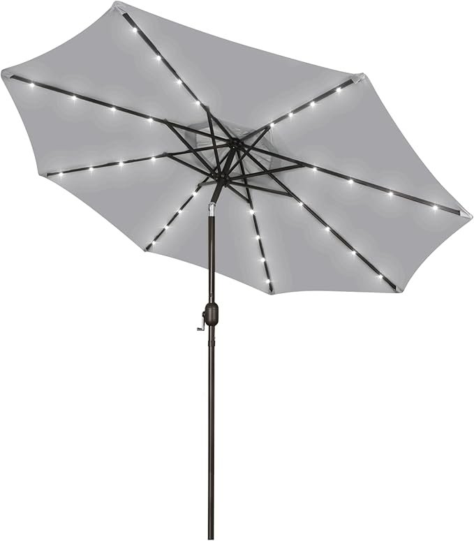 Blissun 9 ft Solar Umbrella, Patio Umbrella with 32 LED Lights, Table Market Umbrella, Outdoor Umbrella for Garden, Deck, Backyard (Light Grey)