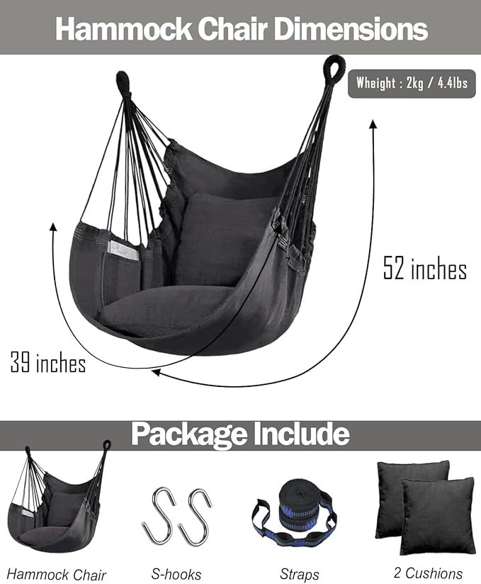 Halalona Hammock Chair Hanging Hammock Chair Rope Swing 2 Cushions Included-Sturdy & Durable Soft Cotton Hand Woven Hammock Swing for Bedroom, Porch, Patio-Indoor/Outdoor