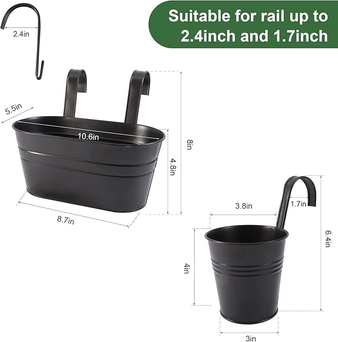 HowRU Metal Iron Flower Pots for Railing Fence Hanging Bucket Pots(5 Pcs) and Hanging Flower Pots Metal Iron Bucket Planter(10 Pcs) (Black)