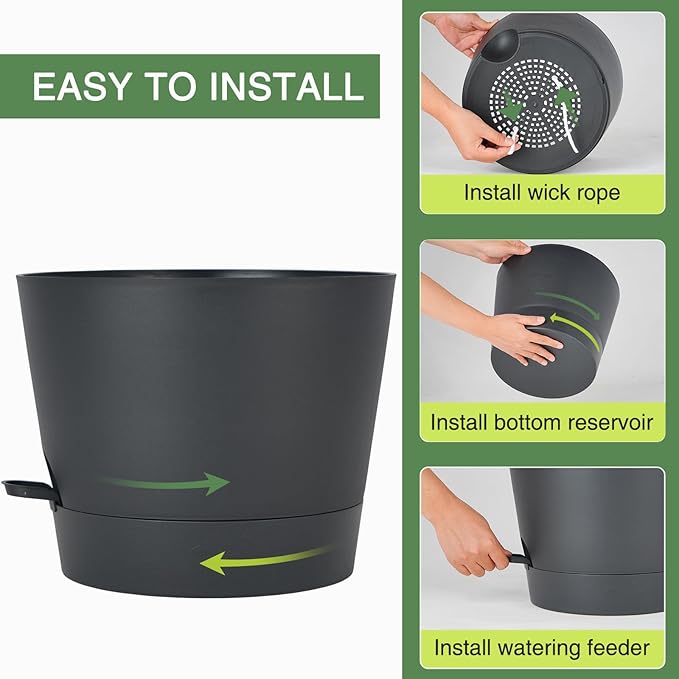 12inch Large Self Watering Plant Pot, Plastic Cylinder Planter with 60Oz Deep Reservoir and Saucer for Indoor Outdoor Plants Flowers Houseplants, Black