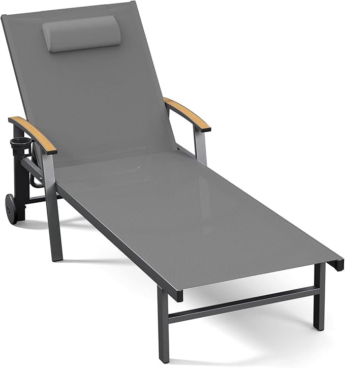 Ciokea Outdoor Lounge Chair with Pillow, 5-Position Aluminum Chaise Lounge with Wheels & Armrests, 400 lbs Heavy Duty Patio Pool Chair for Deck, Backyard, Beach & Poolside, Grey