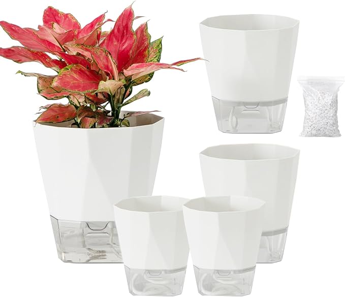 5 Pack Self Watering Pots for Indoor Plants, 5/6.7/8.4 Inches Self Watering Planters African Violet Self Watering Clear Pots for Plants Herb Orchid Flower Houseplant Pots, White