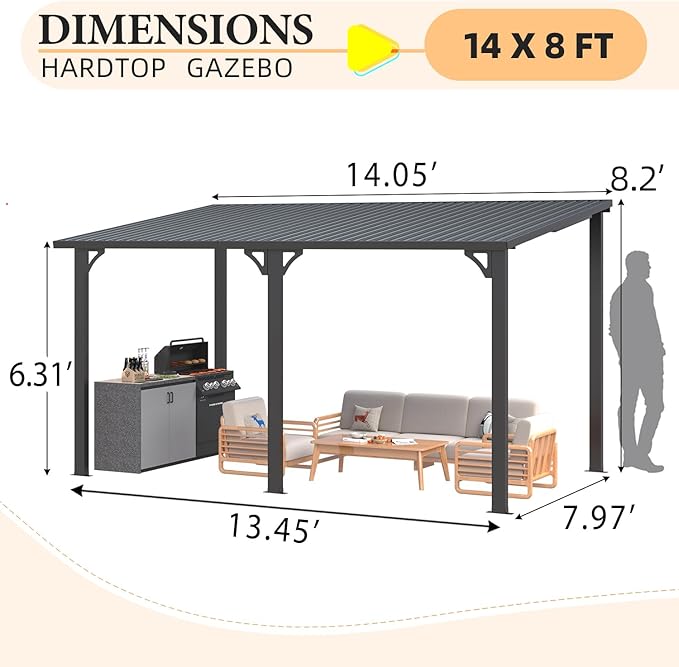 AECOJOY 14' x 8' Outdoor Hardtop Metal Gazebo for Patio, Large Lean to 8x14 Galvanized Steel Wall Mounted Pergolas and Grill Gazebos Clearance, Patio Roof Heavy Duty Awnings for Backyard, Decks