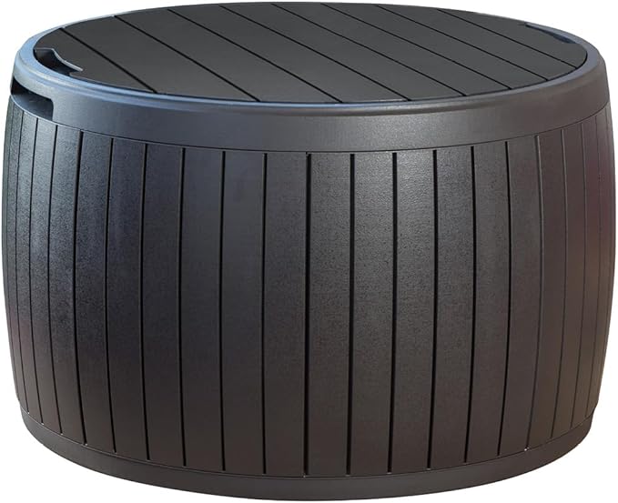 Keter Circa 37 Gallon Deck Box Organizer, Works as Ottoman Chair or Side Table, Brown – Large Resin Round Outdoor Storage and Seating for Garden, Pool, and Patio
