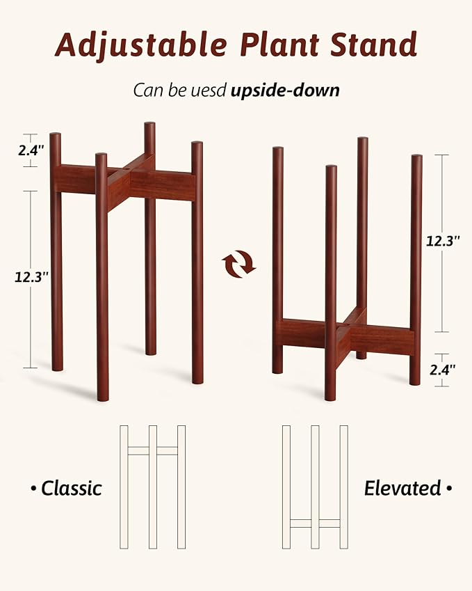 Adjustable Plant Stand Indoor, Bamboo Plant Stand Fits 8 9 10 11 12 Inches, Small Corner Planter Holder for Indoor Plants, Single Floor Plant Stands for Living Room Balcony, Reddish Brown Tall