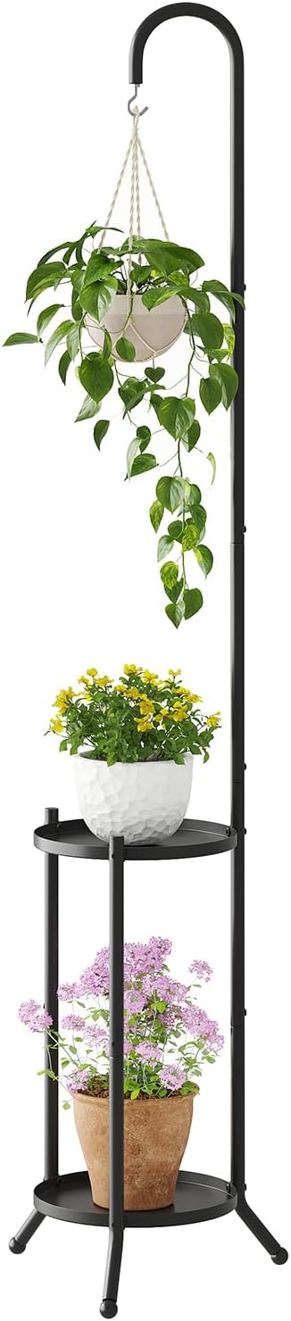 2-Tier Metal Plant Stand with Hanging Hook, Indoor Outdoor Plant Shelf,Heavy Duty Plant holder Rustproof Iron Multiple Plant Round Supports Rack for Planter Corner Garden Balcony Patio (Black)