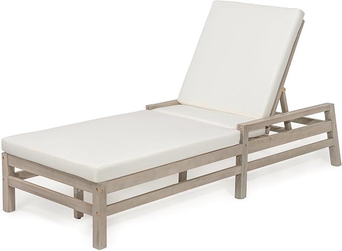 LUMISOL Patio Chaise Lounge Chair, 5-Position Adjustable Outdoor Chaise Lounge, Solid Wood Patio Recliner Chair with Thick Cushions, Weather-Resistant for Pool, Balcony, Garden, Grey