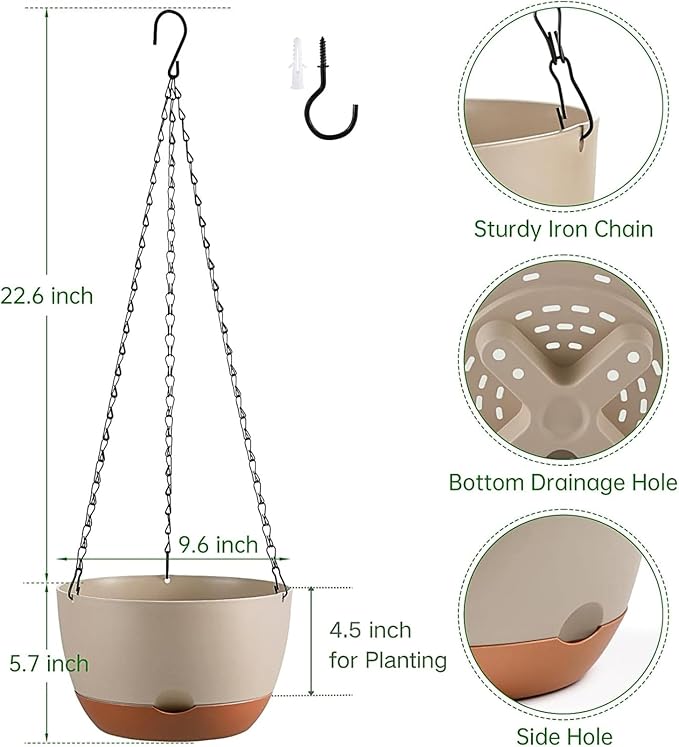 Hanging Planters for Indoor Plants, Set of 2 8/10 Inch Self-Watering Hanging Pots with Drainage Hole & Removable Water-Storage Tray II Screw-in Hooks
