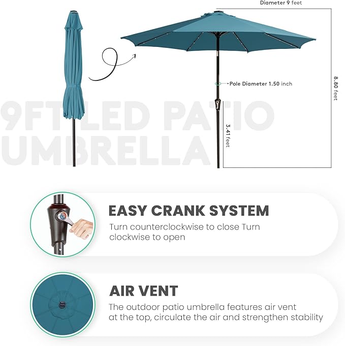 JEAREY 9FT Outdoor Patio Umbrella with Solar Lights, LED Lighted Pool Umbrella with Tilt and Crank, Outdoor Table Umbrellas for Deck, Yard & Market (Lake Blue)
