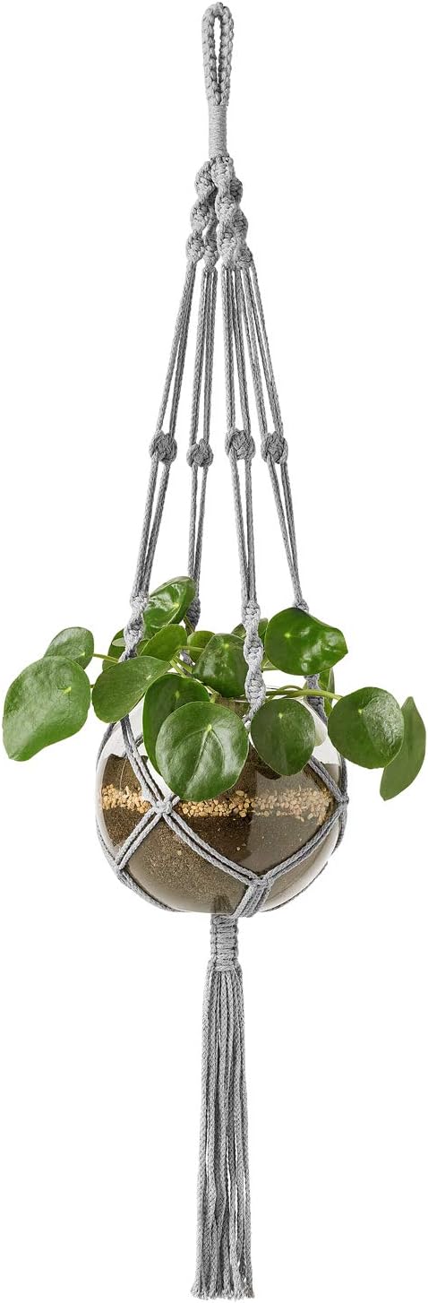 Mkono Macrame Plant Hangers Indoor Outdoor Hanging Planter Basket Cotton Rope 4 Legs 41 Inch, 1 Pack, Grey