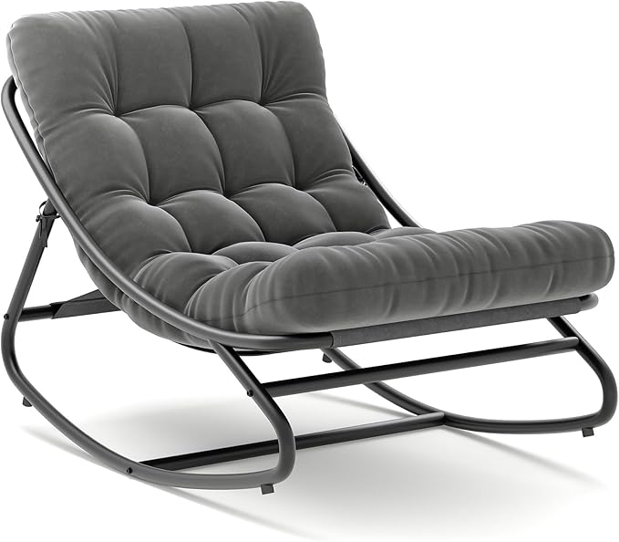 IDEALHOUSE Outdoor Rocking Chair with Metal Frame, Adjustable Papasan Rocker, Waterproof Comfy Cushion, 450lbs Capacity, for Patio, Porch, Garden, Living Room, Dark Grey