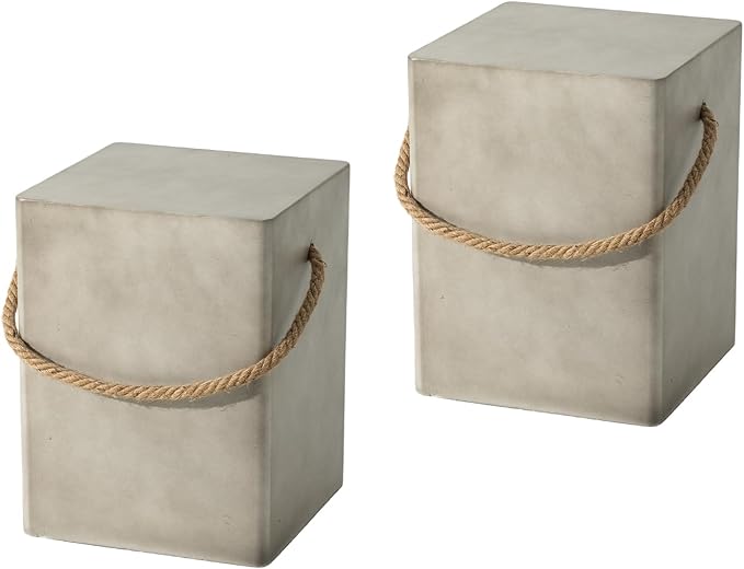 COSIEST Set of 2 Concrete Side Table, Rectangular Outdoor Side Table w Hemp Rope Handles,15''Patio Side Tables End Table, Outdoor Accent Side Table for Garden and Patio, Grey