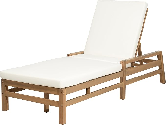 LUMISOL Patio Chaise Lounge Chair, 5-Position Adjustable Outdoor Chaise Lounge, Solid Wood Patio Recliner Chair with Thick Cushions, Weather-Resistant for Pool, Balcony, Garden, Light Teak